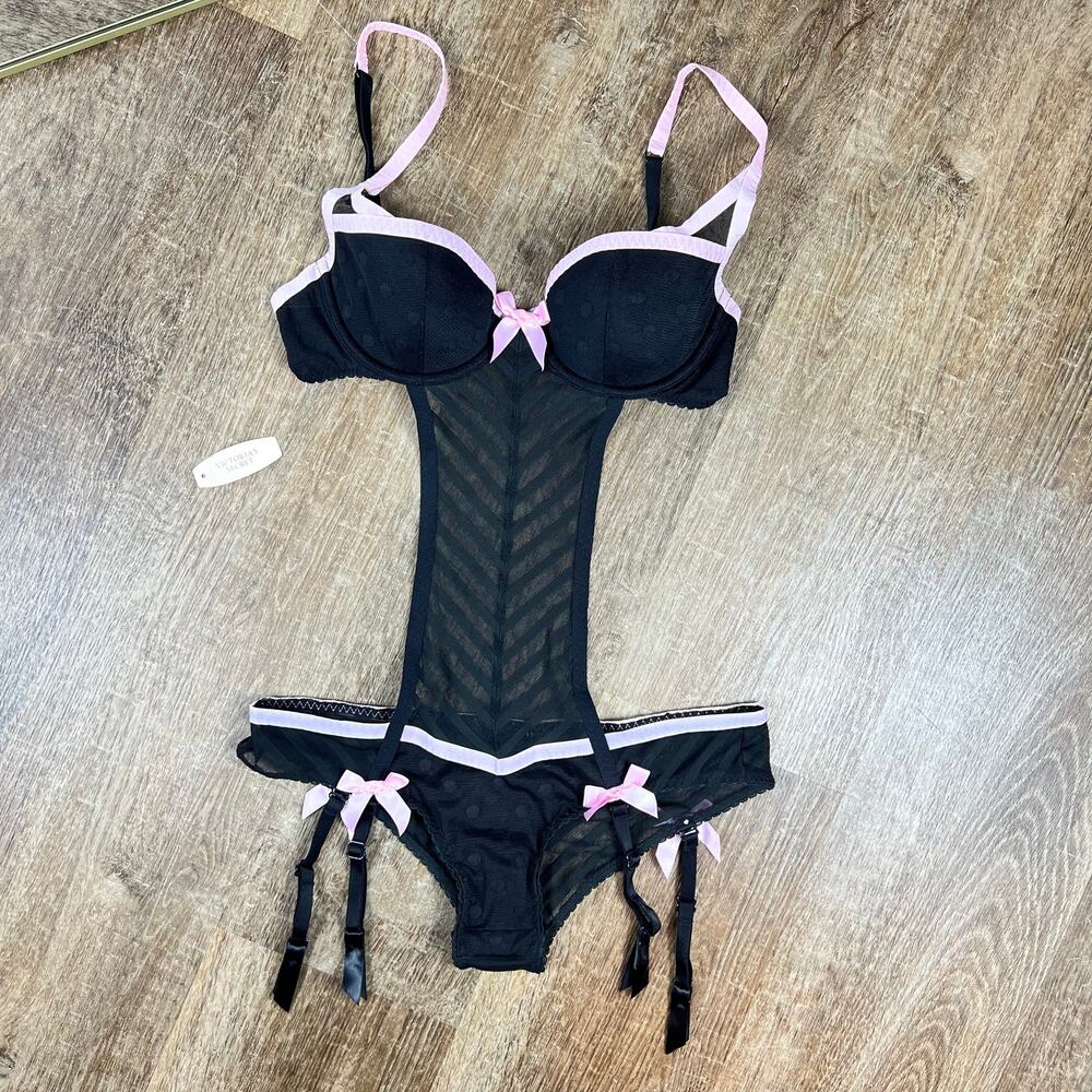 Y2K NEW Victorias Secret Sexy Little Things Vintage garter teddy Black pink dot